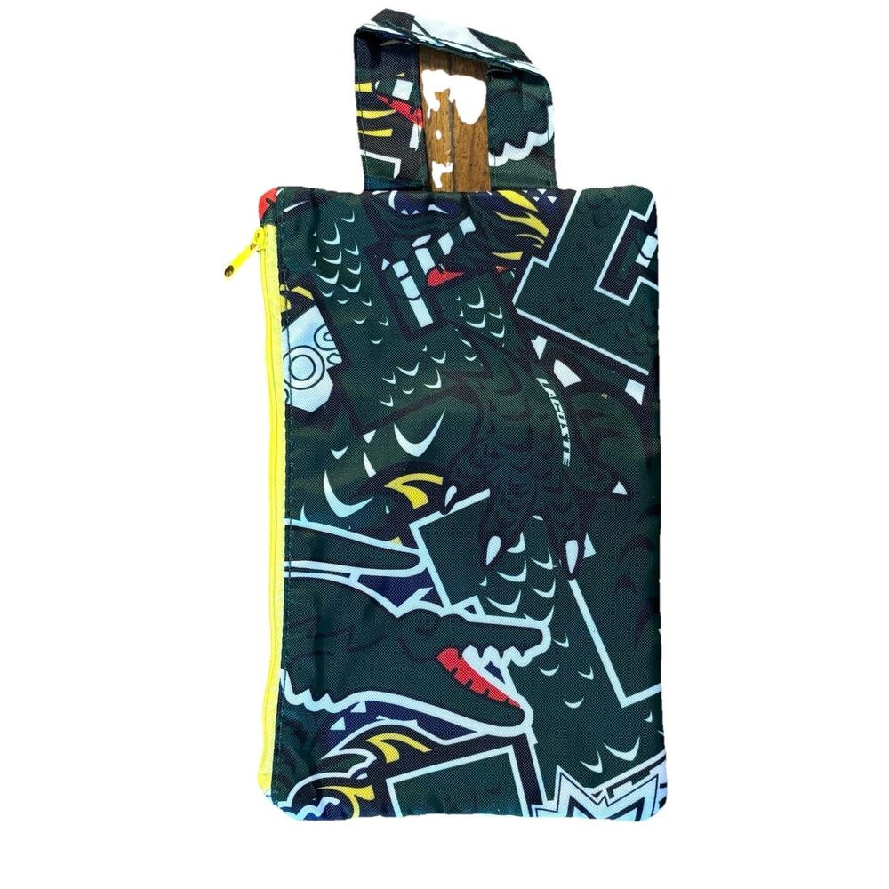 Lacoste Foldable Reusable Tote Bag Green Crocodile Print Packable w/ Zip Pouch - Picture 5 of 6
